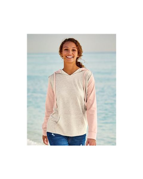 MV Sport W20145 - Women’s French Terry Hooded Pullover with Colorblocked Sleeves